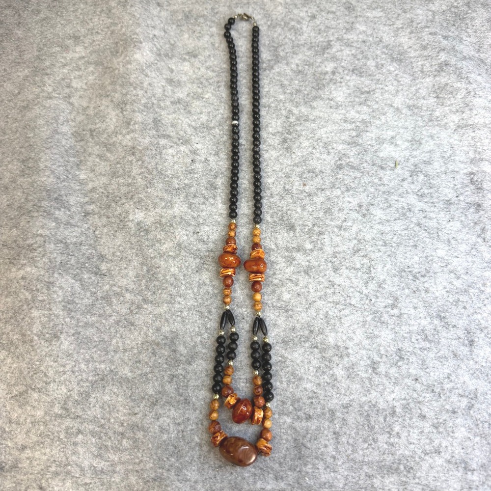 Boho Multi Strand Beaded Necklace Earth Tone Wood Style Marbled Stone Brown